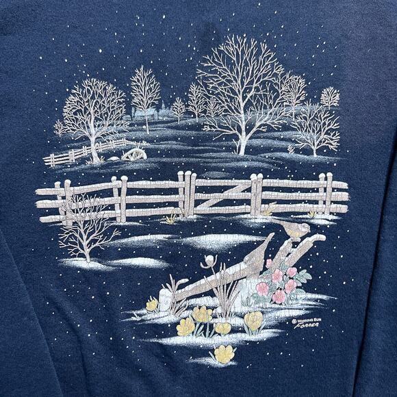 Vintage 90s Morning Sun Winter Night Farmhouse Sweatshirt Navy Bird Snow Cottage - Picture 2 of 6
